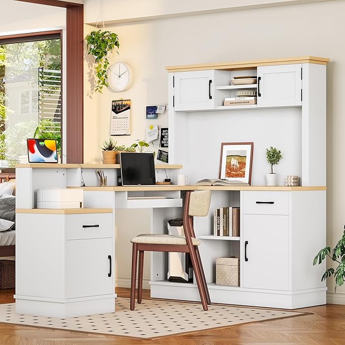 Wooden L-Shaped Computer Desk with Outlet Drawers and Bookshelf Modern Corner Desk with L-Shaped Study Table Writing Desk Gaming Computer Desk with Storage for Home Office Bedroom (White-06)