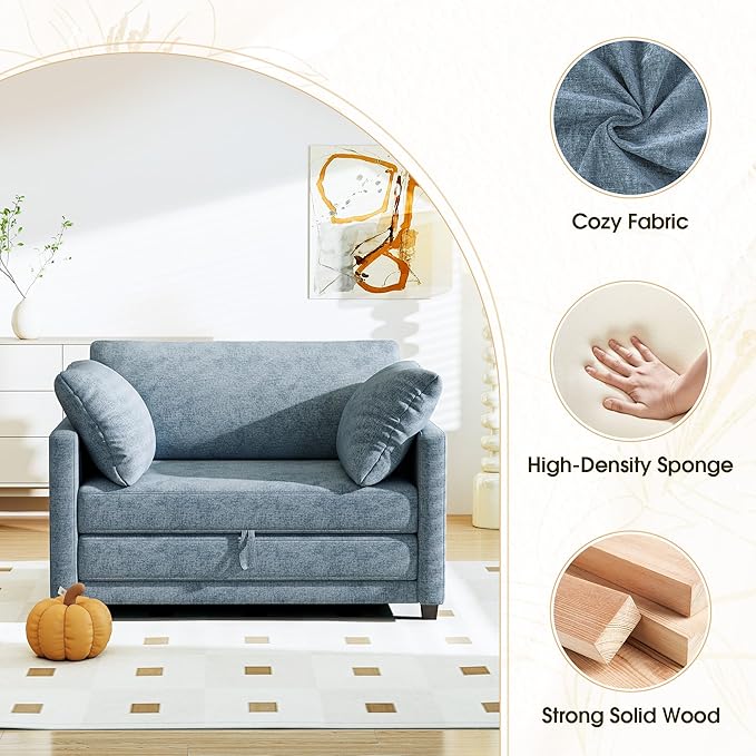 51 Convertible Loveseat Sofa Bed 2-in-1 Folding Sofa Bed with 2 Pillow for Small Spaces Modern Loveseat Sleeper Couch for Apartment Living Room &amp Guest Room (Light Blue)