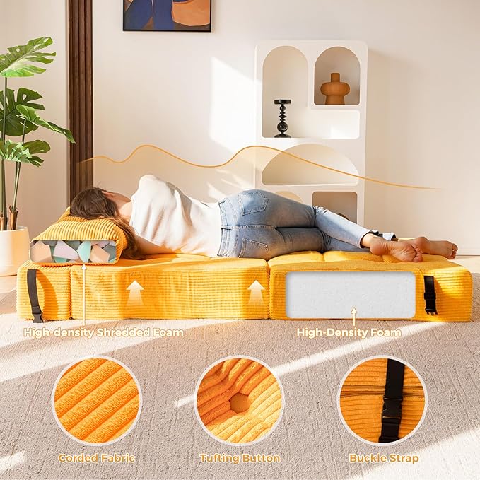 MAXYOYO Folding Sofa Bed Convertible Sofa Bed with High-Density Support Foam Portable 4 in 1 Fold Out Chair to Floor Lounger Versatile Floor Couch for Living Room Bedroom Orange