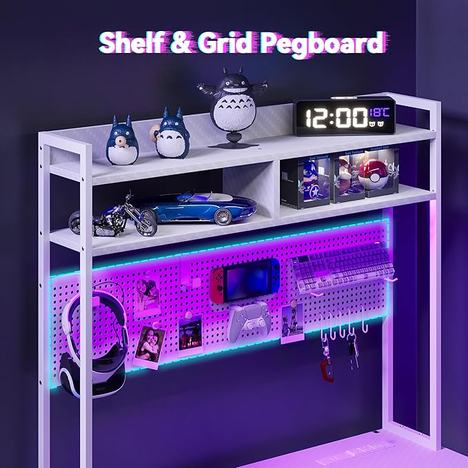 Apicizon L Shaped Gaming Desk 53 Reversible Corner Computer Desk with LED Lights Carbon Fiber Surface Pegboard with Hooks Drawer &amp PC Tower Stand USB Charging Port