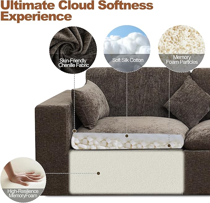 88''Cloud Boneless Modular Sectional Sofa Deep Seat Sectional Couch Upholstered Convertible Comfy Memory Foam Sofa Loveseat Chenille Memory Foam Couches for Living Room Brown