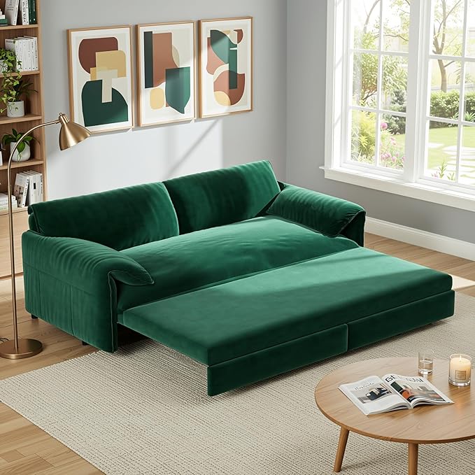 Homy Casa 66 3-in-1 Convertible Sofa Bed Queen Size Pull-Out Bed with Side Storage Velvet Loveseat Modern Sleeper Sofa for Living Room Office or Guest Room (Green)
