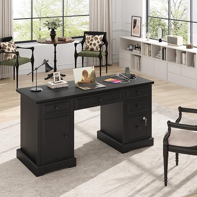 Vipbear 59 Executive Desk Farmhouse Computer Desk with Drawers Lockable File Drawer Storage Cabinet &amp Power Outlet Rustic Home Office Desks Workspace for Work Study Writing Black