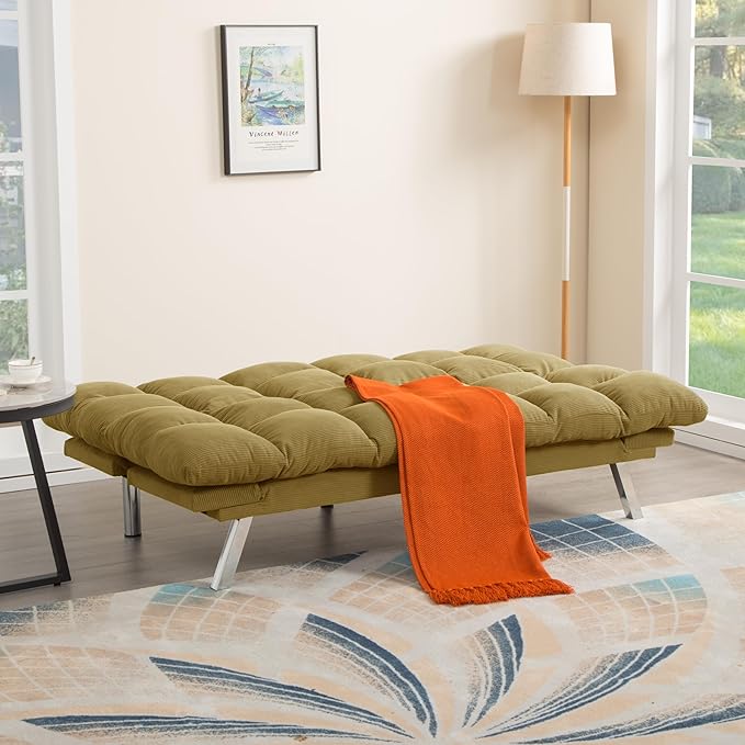 67” Convertible Futon Couch Bed Adjustable Pillow Top Arm Memory Foam Cloud Futons Loveseat Modern Light Gray Corduroy Mini Small Sofa Couches for Living Room