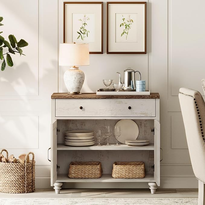 WAMPAT Farmhouse TV Stand for 100 Inch TV 3-in-1 TV Console Table for 75/85/90/100 Inch TV Entertainment Center with 3 Drawers and 6 Doors Kitchen Sideboard Buffet Cabinet Rustic White