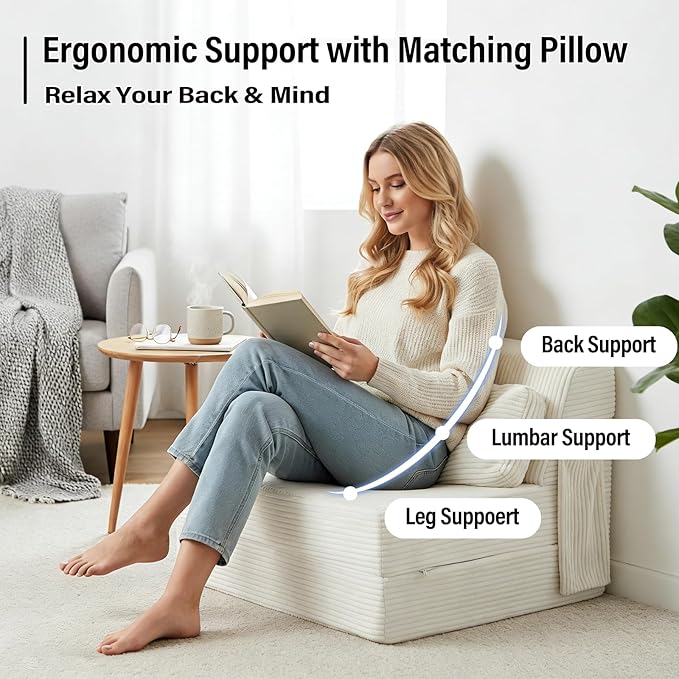 Folding Sofa Bed with Pillow Convertible Sleeper Chair Comfy Floor Futon Couch Mattress Lounge Sofa for Adults Portable Fold Out Chair Bed for Living Room Bedroom Single Beige