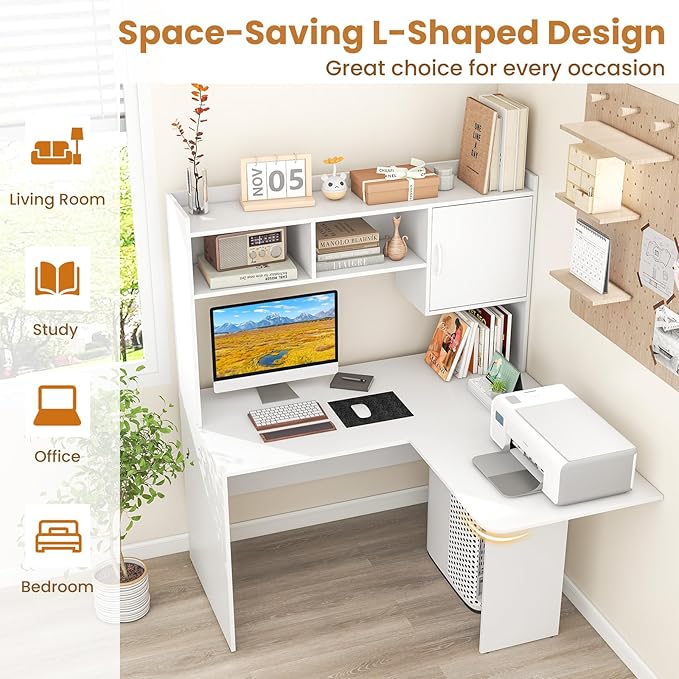 Giantex L Shaped Desk with Hutch White Corner Desk with Storage Shelf &amp Cabinet Laptop PC Table Gaming Computer Table Workstation Modern Executive Study Writing Desk for Home Office Bedroom