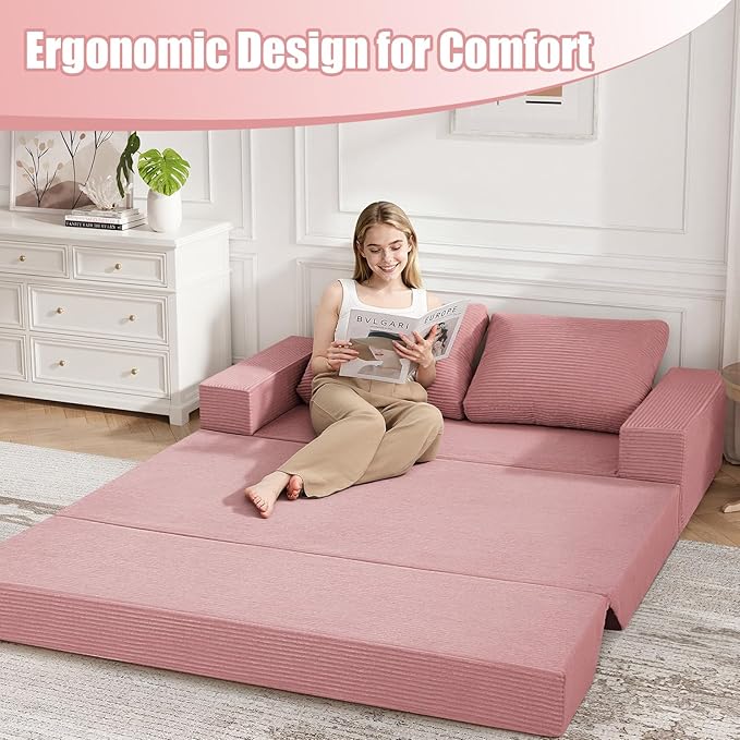 COMAX Convertible Sofa Bed Queen Corduroy Folding Floor Couch Pull Out Couch Bed Futon Sleeper with Pillows Fold Out Boneless Sofa Comfy Lounge Mattress Loveseat for Living Room Bedroom Pink