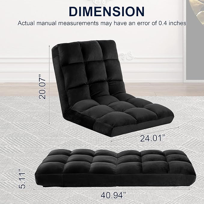 Floor Chair 24 inches Wide Oversized Velvet Armless Lay Flat Floor seat Padded Meditation Chair with 6 Adjustable Position Ergonomic Comfortable Convenient(LRSF-016-BLACK)