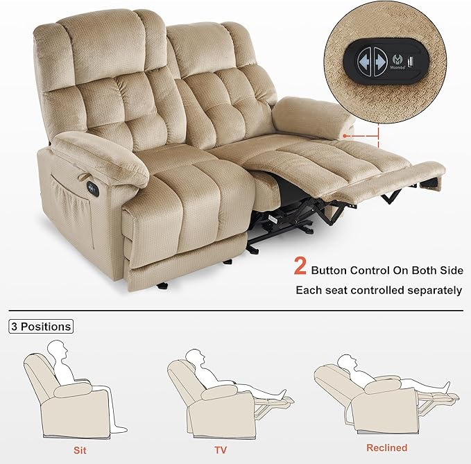 MCombo 58.7 Zero Gravity Power Loveseat Recliner with Heat and Vibration Massage Reclining Loveseat Sofa with USB Ports for Living Room Fabric 6237 (Beige)