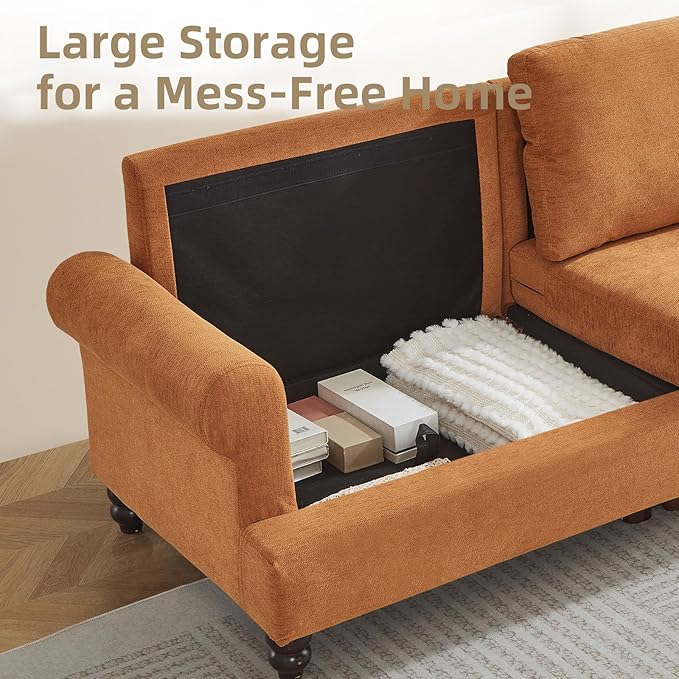 81” Sofa Couch with Storage Mid Century Modern Decor Loveseat Couches for Living Room Button Tufted Upholstered Small Couch for Bedroom Apartment (Ginger)