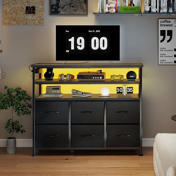 DUMOS TV Stand for Up to 45 inch TV Wood Top TV Media Console Table with 6 Fabric Drawers 2 Shelves Entertainment Center with LED Lights &amp Charging Station for Living Room Hallway Black