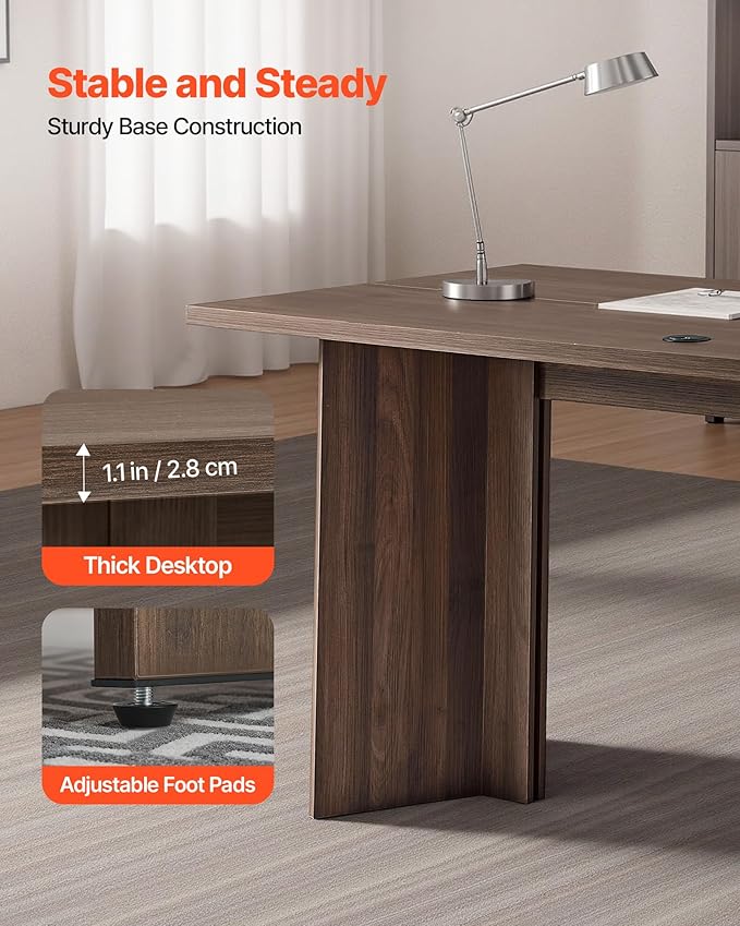 VEVOR 63 in Executive Desk Large Modern Rectangle Office Table Heavy Duty Wooden Executive Table with Cable Connection Hole 250 LBS Load Capacity Easy Assembly for Work Study Writing Walnut