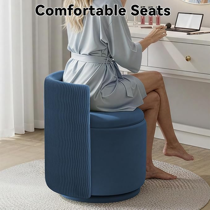 360° Swivel Velvet Vanity Chair with Storage Barrel Makeup Chair with Wave Back No Assembly Upholstered Vanity Small Accent Chairs for Living Room Blue