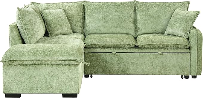 LUMISOL 82.7 Convertible Sleeper Sofa Bed with Storage Ottoman L-Shaped Sectional Sofa with Pull Out Bed USB Ports Chenille Sleeper Sofa Couch with Chaise for Living Room Green