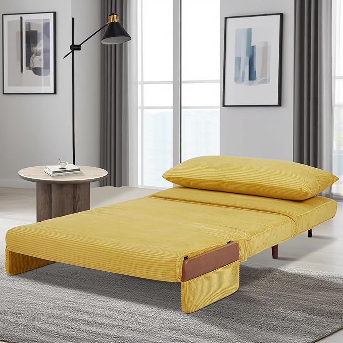3-in-1 Convertible Sofa Bed Futon Loveseat Couch with Pillow Adjustable Backrest &amp Removable Armrests Recliner Sleeper Sofa for Small Spaces Living Room Bedroom or Office Mustard Yellow