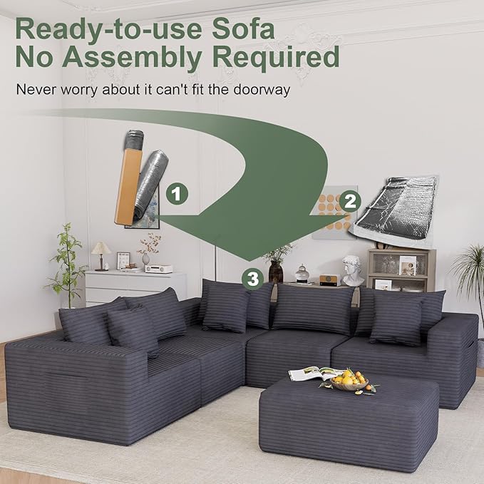 Oversized Cloud Modular Sofa – Deep Seat Corduroy Couch with Pillows No Assembly Convertible &amp Customizable Design Soft All-Foam Comfort for Living Room &amp Bedroom (Gray Loveseat)