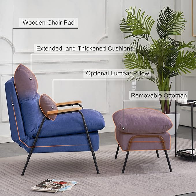 MCombo Accent Recliner Chair with Ottoman Modern Fabric Armchair Upholstered Sofa Bed for Living Room Bedroom Small Space 4055 (Black Frame Blue)