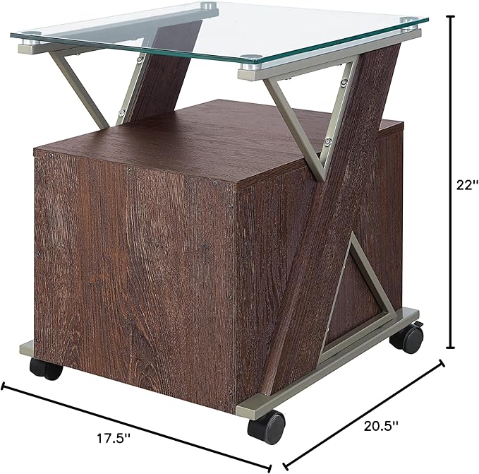 OSP Home Furnishings Zenos Mobile Rolling File Cabinet with Tempered Glass Top Traditional Cherry