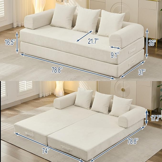 Convertible Folding Sofa Bed Modular Floor Couch 78.8‘’ Cloud Sleeper Sofa with Removable Backrest Chenille Foldable Mattress Couch Lazy Loveseat for Small Space Apartment Bedroom Beige