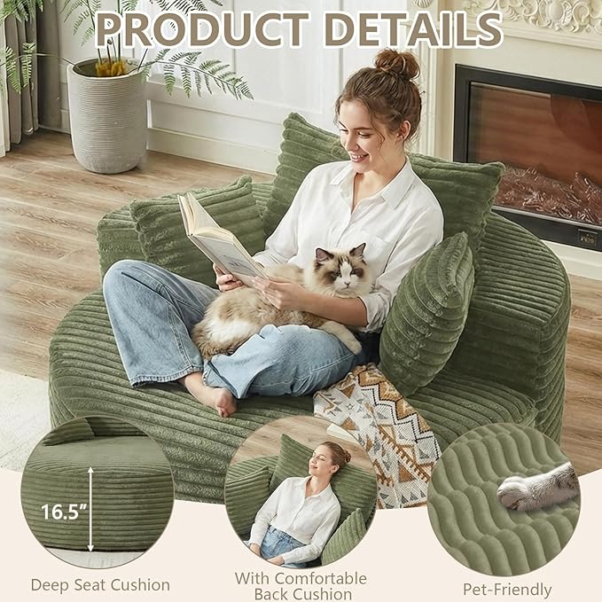 55 L Corduroy Sponge Single Sofa Oversized Round Chair Fluffy Modern Sleeper Chairs for Living Room Lounge and Projection Room Wide Armrest Lounge Chairs Armchair with Pillow Green