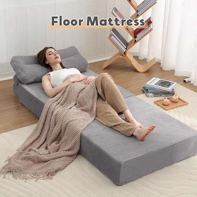 MeMoreCool Folding Sofa Bed Single Grey – Convertible Sleeper Chair with Back Support | Foldable Floor Lounge Mattress Chair with Headrest &amp Lumbar Pillow Ideal for Living Room Bedroom Guest Spa