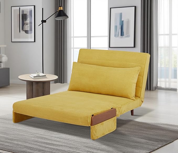 3 in 1 Sleeper Chair Bed Foldable Convertible Chair with Armrest Thickened Cushion and Sponge Corduroy Fabric Adjustable Backrest Upholstered Accent Sofa for Apartment/Bedroom/Office - Yellow