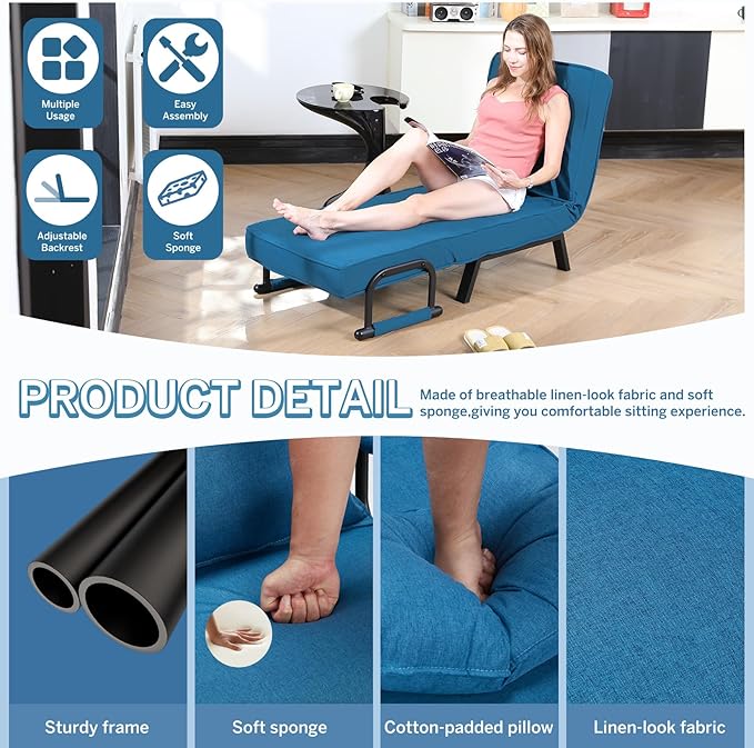 Folding Sofa Bed Sleeper Chair3-in-1 Single Convertible Sofa with Adjustable BackrestLazy Bed Leisure Recliner with PillowTri-fold Upholstered Armchair (Blue Standard)