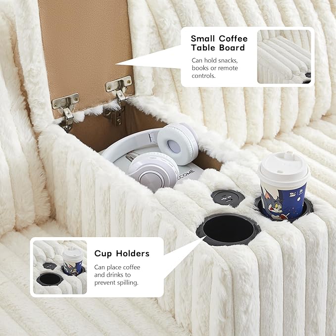 105 Modular Sectional Sofa Comfy Faux Rabbit Fur L-Shaped Cloud Couch with Center Console Cup Holders and Storage 4 Seater Sofa Couch for Living Room Apartment (White)