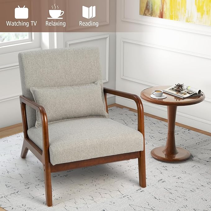 GORELAX Mid Century Modern Accent Chair Upholstered Lounge Armchair with Wood Frame &amp Lumbar Pillow Comfy Reading Chair for Living Room Bedroom Office (1 Grey)