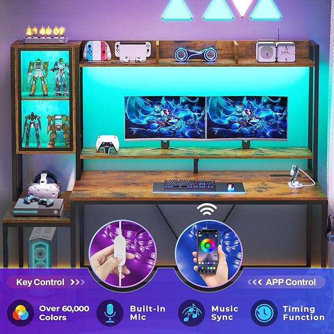 SEDETA Gaming Desk 60'' Gaming Desk with Hutch and LED Lights Computer Desk with Storage Shelves Large PC Gamer Desk with Display Cabinet Monitor Stand Power Outlet for Home Office Rustic Brown