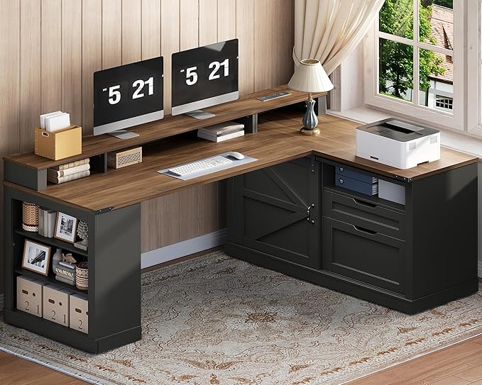 Farmhouse L Shaped Desk with Drawers 53 Inch Executive Desk with File Cabinet and Monitor Stand Wooden Corner Computer Desk with Power Strip for Home Office Work and Study Black and Walnut