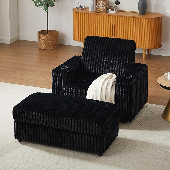 42.5 W Chaise Lounge Chair Indoor Oversized Corduroy Sleeper Chair with Wood Frame Upholstered Sofa Bed with Storage Ottoman &amp Armrest 2 Cupholders for Living Room Movie Room Bedroom