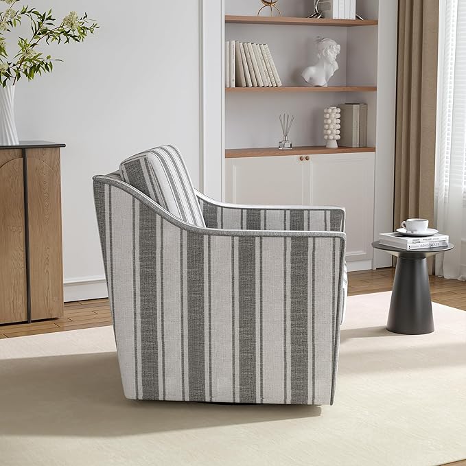 Swivel Accent Chair 360° Swivel Upholstered Club Armchairs for Living Room Comfy Fabric Single Sofa Reading Chair with Deep Seat Metal Swivel Base Gray Stripe