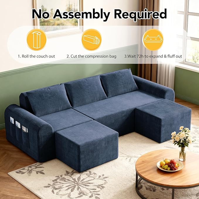 86.6 Cloud Boneless Sectional Sofa for Living Room 3-Seater Modular Couch for Small Apartments with 2 Ottomans Deep Seat Chenille Fabric Sofa No Assembly Required 72H Full Restore Blue