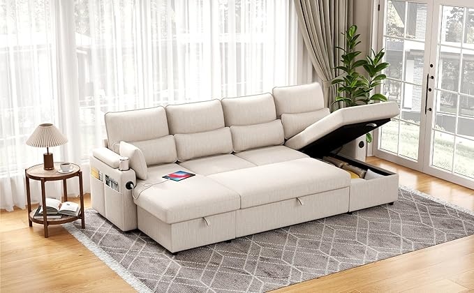 Sectional Sleeper Sofa with Pull Out Couch Bed with Storage Chaise for Living Room Comfy Linen Modular Sectional Sofa with Dual USB &amp Type-C Cup Holders (Beige 105 Inches)