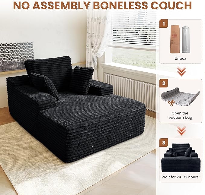 67 Square Chaise Lounge Single Floor SofaOversized Upholstered Boneless Corduroy Couch Deep Seat Sleeper Sofa Bed No Assembly Required Couches for ApartmentBlack