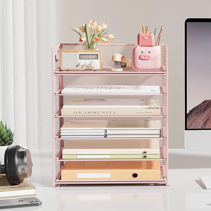Subekyu 6 Tier Office File Paper Desk Tray Organizer with Handle Stackable Slide Mesh Letter Tray Folder Pink Desk Organizer Desktop Document Sorter for Classroom Office Home Supplies Storage