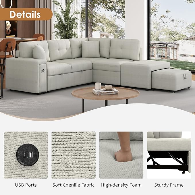 86.6 L-Shaped Sectional Sofa Couch Chenille Upholstered Pull-Out Sofa Bed Sleeper with a Movable Ottoman and 2 Cup Holders for Living Room Apartment Offices (Grey-86.6)