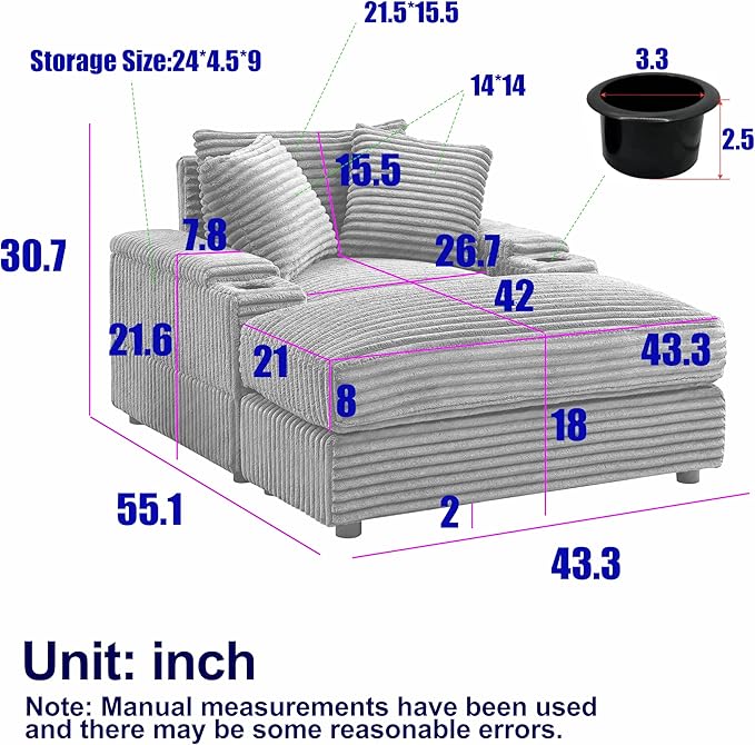 Corduroy Upholstered Chaise Lounge Sofa with Movable Ottoman and Cupholders43.3 w Oversized Singel Chair Convertible Sleeper Sofabed with Detachable Cushions Deep Seat for Living Room Office