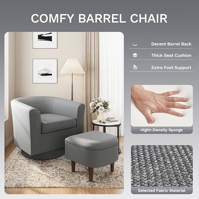 COLAMY Upholstered Swivel Barrel Accent Chair with Ottoman Modern Single Sofa Lounge Armchair Club Chair with Storage Space for Living Room Bedroom OfficeDark Grey