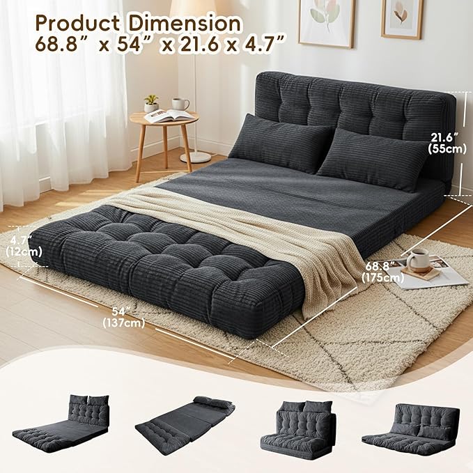 Convertible Sofa Bed 54x91 Inch Thick Tufted Folding Sofa Bed with 2 Pillows Folding Floor Loveseat Sleeper Couch Mattress for Small Spaces Living Room Bedroom and Adults Gray