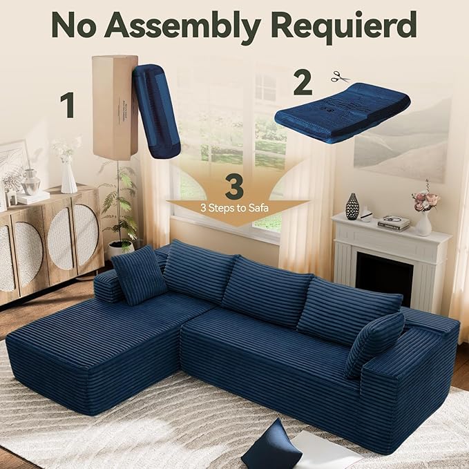 106 Modular Sectional Sofa Blue Corduroy Cloud Couch with Right Chaise Deep Seat Boneless Floor Sofa for Living Room High-Resilience Foam Support No Assembly Required Includes Pillows | Sectiona