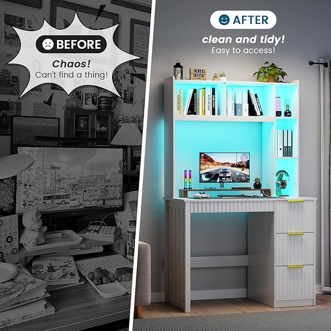 Home Office Desk with Hutch &amp LED Lights - 39 Computer Desk with Charging Station 3 Large Drawers Hidden Compartment &amp Fluted Panel DesignWhite Writing Desk for Bedroom Study