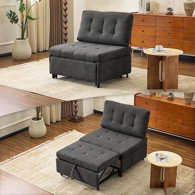 VINGLI Convertible Single Sofa Bed Tufted Teddy Fleece Sleeper Chair Bed Armless Living Room Chair Chaise Lounge with Adjustable Backrest Pull Out Couch Bed for Small Spaces (Dark Grey) | Armless Sofa