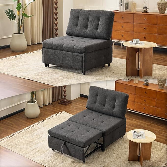 VINGLI Convertible Single Sofa Bed Tufted Teddy Fleece Sleeper Chair Bed Armless Living Room Chair Chaise Lounge with Adjustable Backrest Pull Out Couch Bed for Small Spaces (Dark Grey) | Armless Sofa