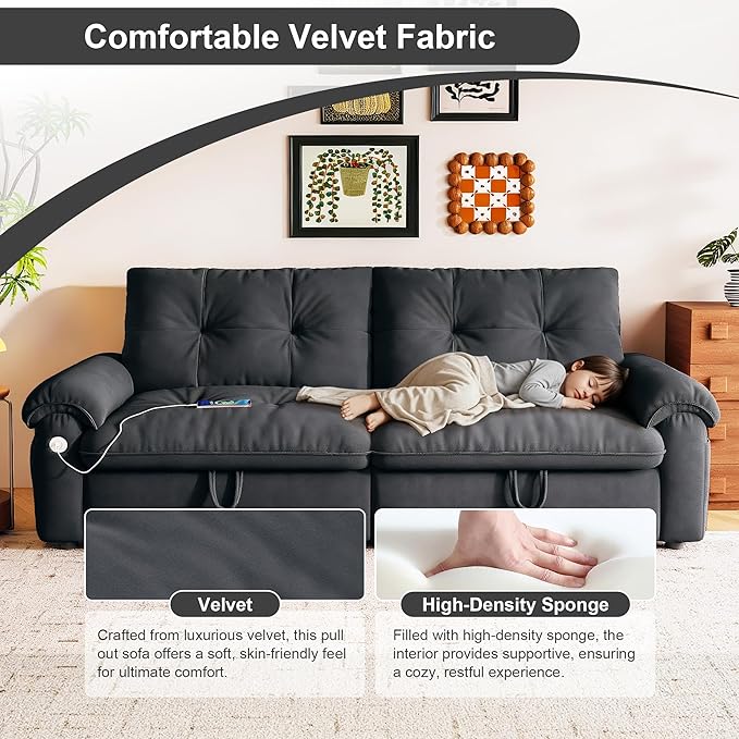 Sleeper Sofa Bed Queen Size Sofa Bed Convertible Pull Out Couch with Adjustable Backrest USB Port and Side Pockets Modern 2 Seater Small Couches for Living Room Space-Saving