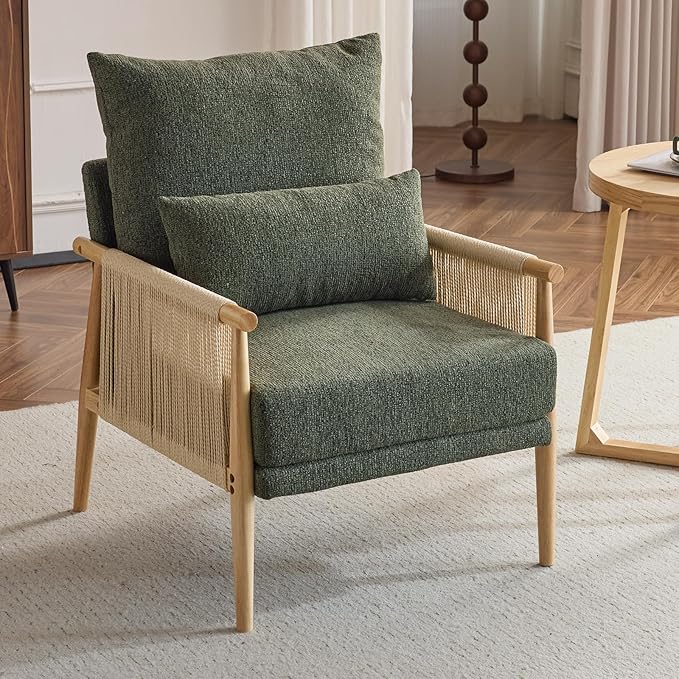 Karl home Cozy Chenille Accent Chair with Lumbar Pillow &amp Rattan Arms Modern Lounge Chair for Living Room Bedroom Reading Nook Green