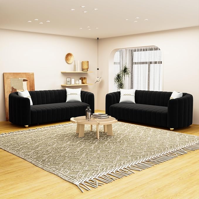 KEAI 83.46 Velvet Couch for Living Room Large Modern Sofa with Gold Metal Sphere Legs Office Upholstered Comfy 3 Seater Couches Cute Sherpa Bedroom Furniture (Black)