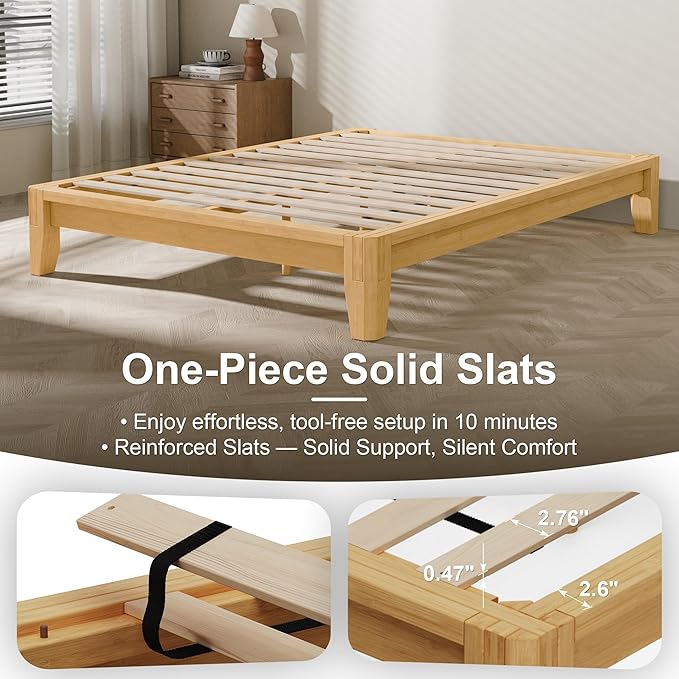 Dolonm Queen Solid Wood Bamboo Bed Frame Mid-Century Modern Bed Frame Floating Center Support Legs Sturdy Solid Wood Slat Easy Tool Free Set Up（Queen Natural）